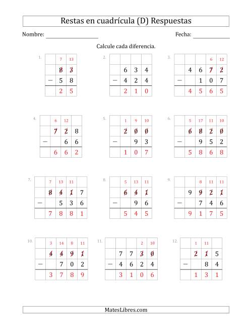 La hoja de ejercicios de Restar números de 2 a 4 dígitos, de números de 2 a 4 dígitos, con ayuda de una cuadrícula (D) Página 2