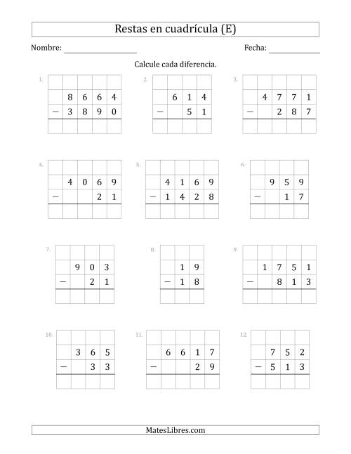 La hoja de ejercicios de Restar números de 2 a 4 dígitos, de números de 2 a 4 dígitos, con ayuda de una cuadrícula (E)