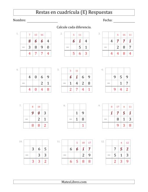 La hoja de ejercicios de Restar números de 2 a 4 dígitos, de números de 2 a 4 dígitos, con ayuda de una cuadrícula (E) Página 2