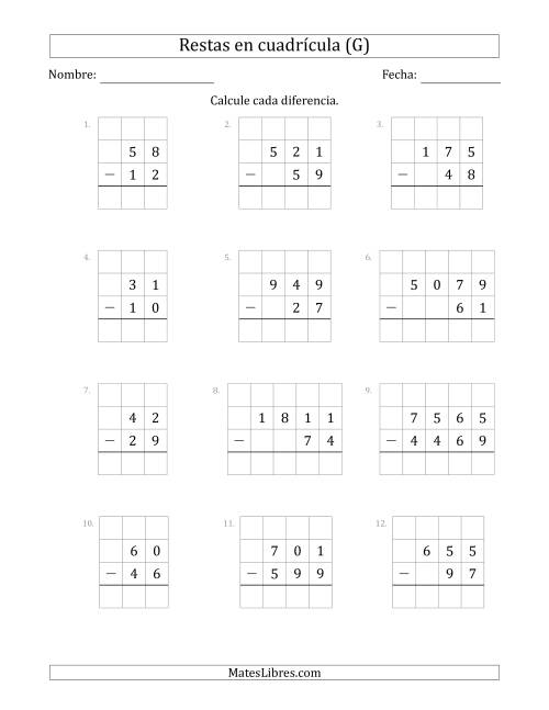 La hoja de ejercicios de Restar números de 2 a 4 dígitos, de números de 2 a 4 dígitos, con ayuda de una cuadrícula (G)