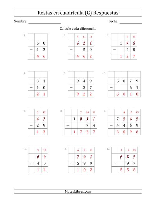 La hoja de ejercicios de Restar números de 2 a 4 dígitos, de números de 2 a 4 dígitos, con ayuda de una cuadrícula (G) Página 2