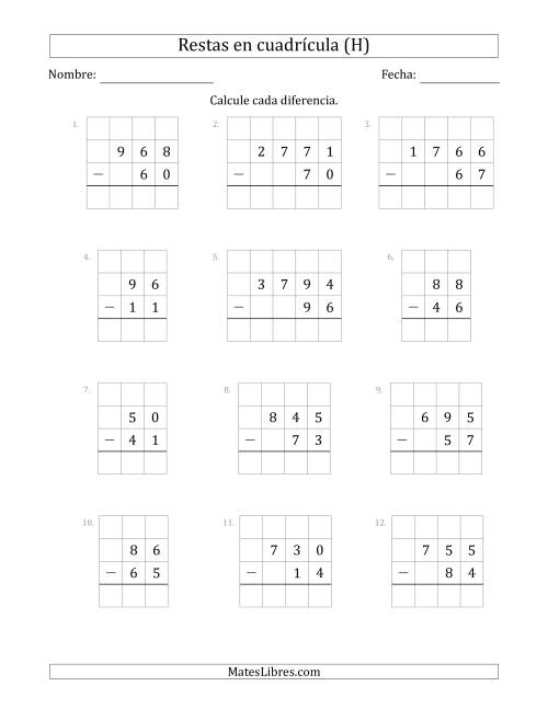 La hoja de ejercicios de Restar números de 2 a 4 dígitos, de números de 2 a 4 dígitos, con ayuda de una cuadrícula (H)