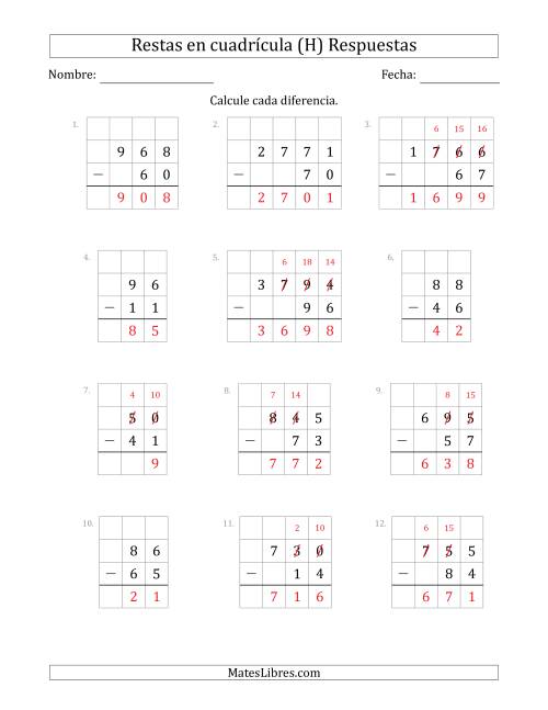 La hoja de ejercicios de Restar números de 2 a 4 dígitos, de números de 2 a 4 dígitos, con ayuda de una cuadrícula (H) Página 2