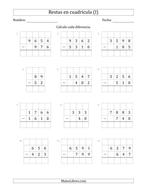 La hoja de ejercicios de Restar números de 2 a 4 dígitos, de números de 2 a 4 dígitos, con ayuda de una cuadrícula (I)