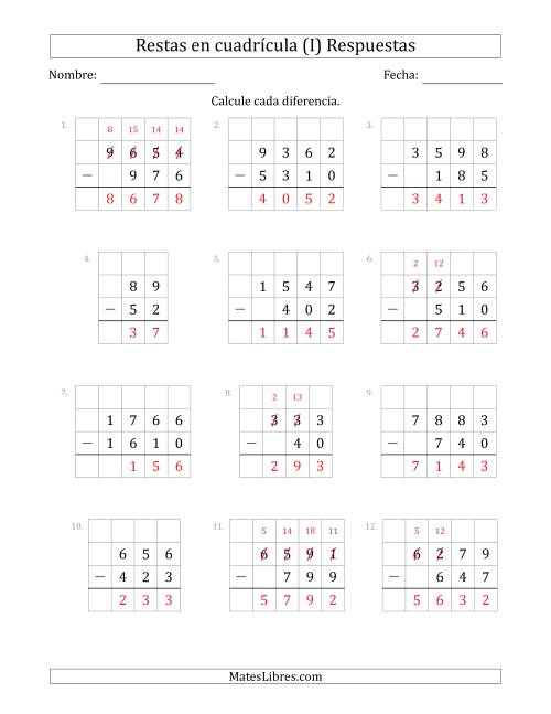 La hoja de ejercicios de Restar números de 2 a 4 dígitos, de números de 2 a 4 dígitos, con ayuda de una cuadrícula (I) Página 2