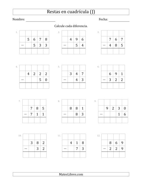 La hoja de ejercicios de Restar números de 2 a 4 dígitos, de números de 2 a 4 dígitos, con ayuda de una cuadrícula (J)