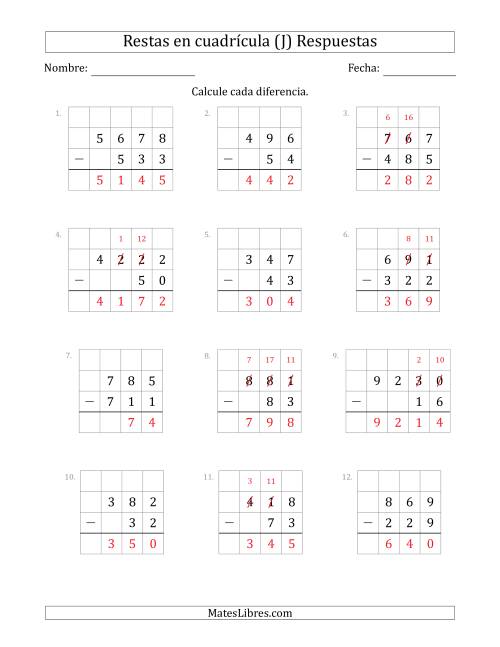 La hoja de ejercicios de Restar números de 2 a 4 dígitos, de números de 2 a 4 dígitos, con ayuda de una cuadrícula (J) Página 2