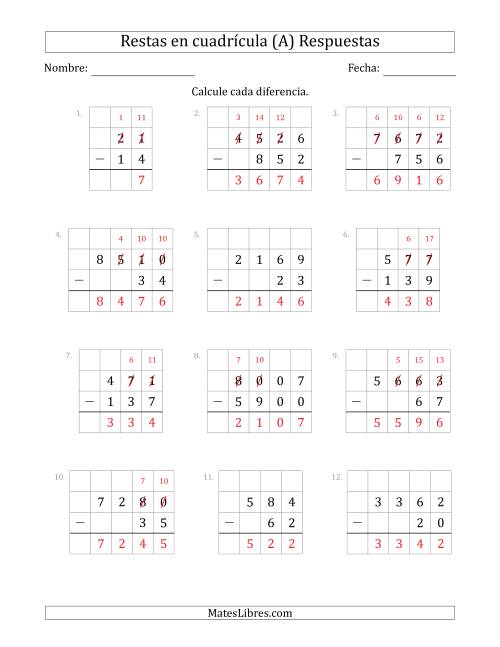 La hoja de ejercicios de Restar números de 2 a 4 dígitos, de números de 2 a 4 dígitos, con ayuda de una cuadrícula (Todas) Página 2