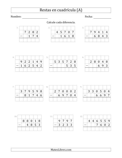 La hoja de ejercicios de Restar números de 3 a 6 dígitos, de números de 3 a 6 dígitos, con ayuda de una cuadrícula (A)