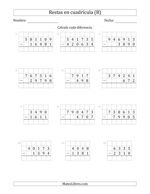 La hoja de ejercicios de Restar números de 3 a 6 dígitos, de números de 3 a 6 dígitos, con ayuda de una cuadrícula (B)