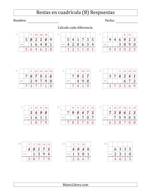 La hoja de ejercicios de Restar números de 3 a 6 dígitos, de números de 3 a 6 dígitos, con ayuda de una cuadrícula (B) Página 2
