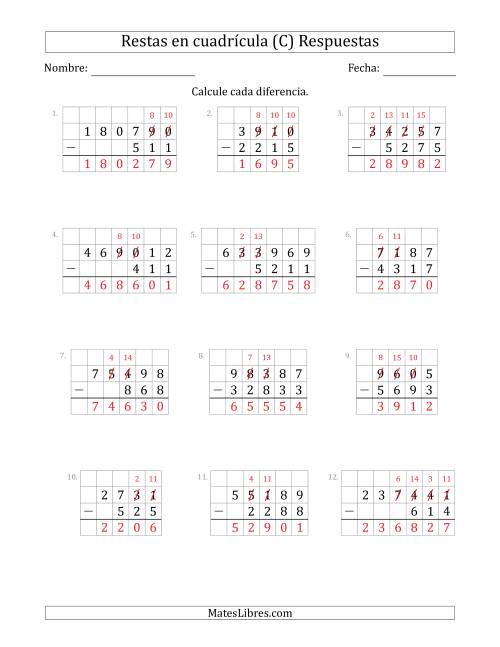 La hoja de ejercicios de Restar números de 3 a 6 dígitos, de números de 3 a 6 dígitos, con ayuda de una cuadrícula (C) Página 2