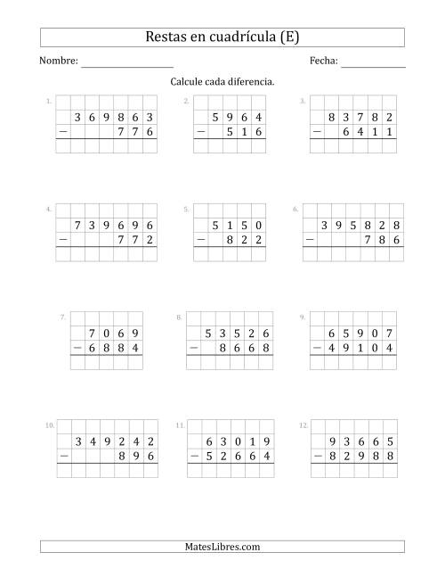 La hoja de ejercicios de Restar números de 3 a 6 dígitos, de números de 3 a 6 dígitos, con ayuda de una cuadrícula (E)