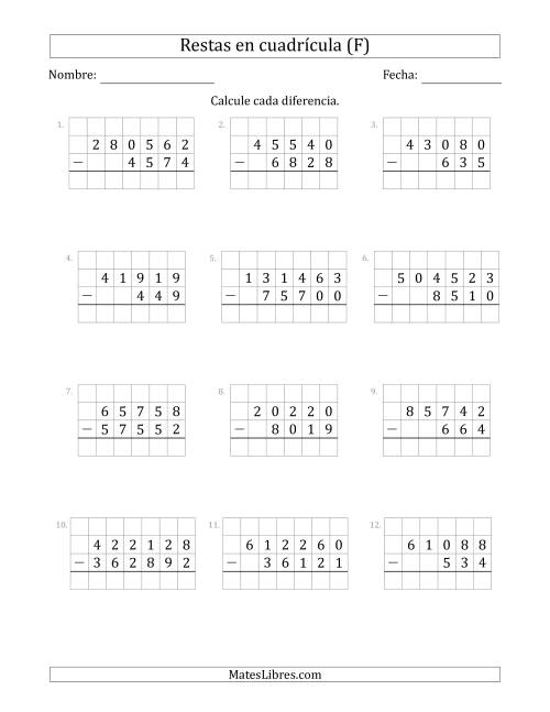 La hoja de ejercicios de Restar números de 3 a 6 dígitos, de números de 3 a 6 dígitos, con ayuda de una cuadrícula (F)