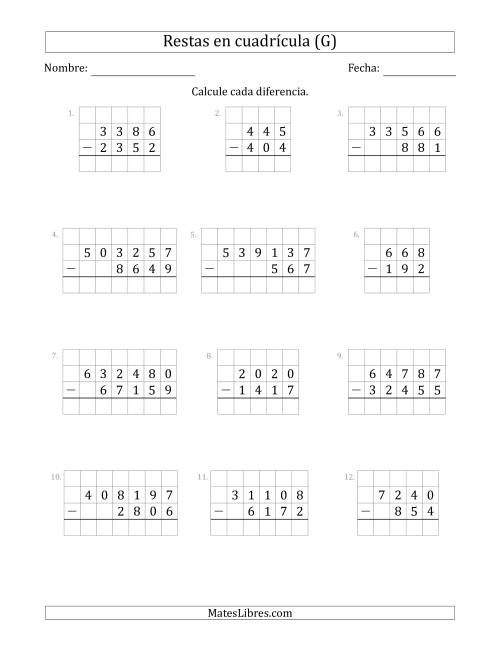 La hoja de ejercicios de Restar números de 3 a 6 dígitos, de números de 3 a 6 dígitos, con ayuda de una cuadrícula (G)