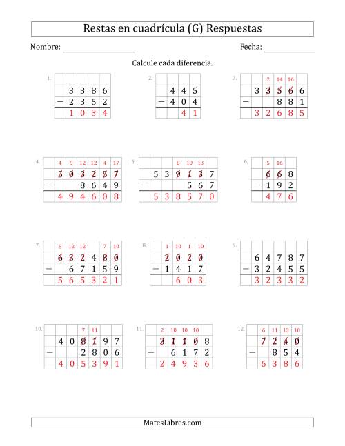 La hoja de ejercicios de Restar números de 3 a 6 dígitos, de números de 3 a 6 dígitos, con ayuda de una cuadrícula (G) Página 2
