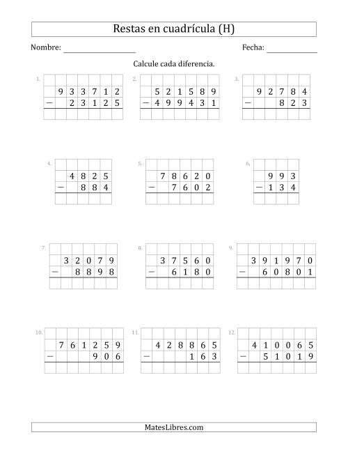 La hoja de ejercicios de Restar números de 3 a 6 dígitos, de números de 3 a 6 dígitos, con ayuda de una cuadrícula (H)