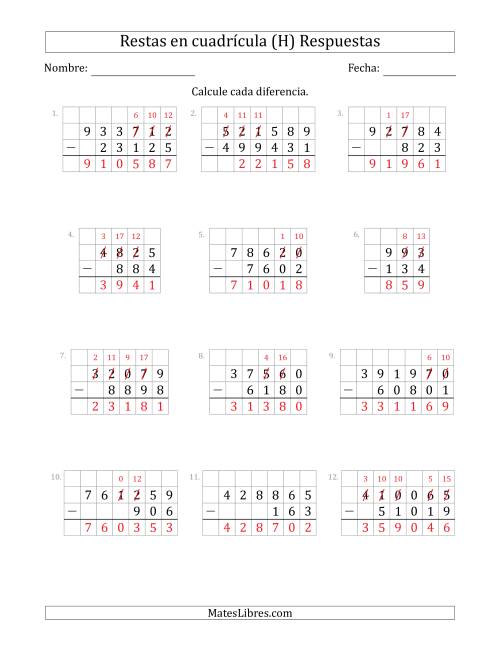 La hoja de ejercicios de Restar números de 3 a 6 dígitos, de números de 3 a 6 dígitos, con ayuda de una cuadrícula (H) Página 2