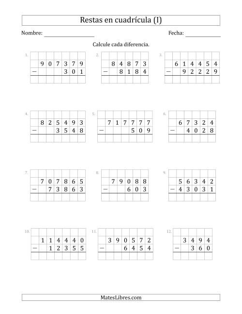 La hoja de ejercicios de Restar números de 3 a 6 dígitos, de números de 3 a 6 dígitos, con ayuda de una cuadrícula (I)