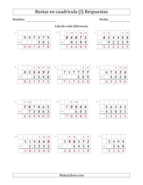 La hoja de ejercicios de Restar números de 3 a 6 dígitos, de números de 3 a 6 dígitos, con ayuda de una cuadrícula (I) Página 2