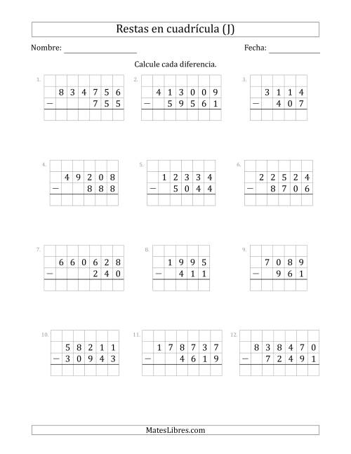 La hoja de ejercicios de Restar números de 3 a 6 dígitos, de números de 3 a 6 dígitos, con ayuda de una cuadrícula (J)