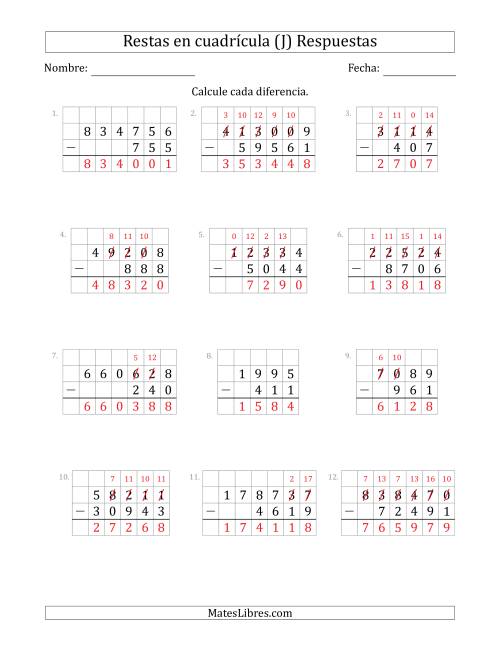 La hoja de ejercicios de Restar números de 3 a 6 dígitos, de números de 3 a 6 dígitos, con ayuda de una cuadrícula (J) Página 2
