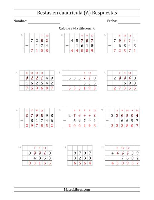La hoja de ejercicios de Restar números de 3 a 6 dígitos, de números de 3 a 6 dígitos, con ayuda de una cuadrícula (Todas) Página 2