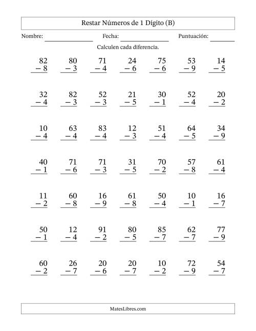 La hoja de ejercicios de Restar números de 1 dígito con acarreo en todas las preguntas (49 preguntas) (B)