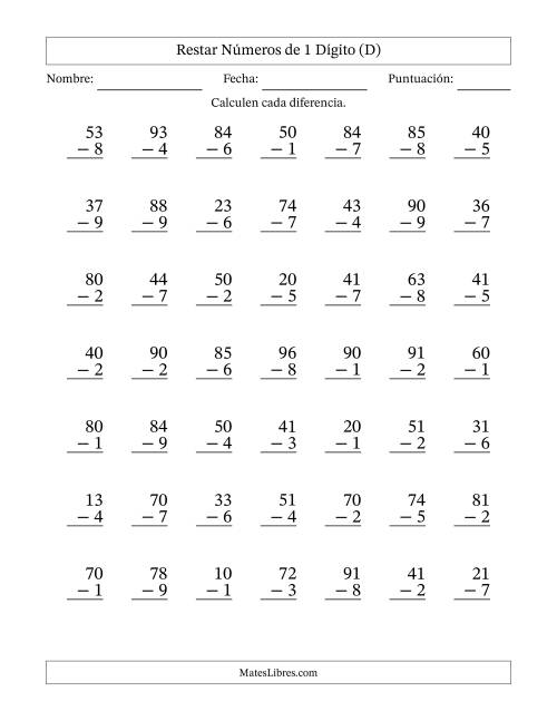 La hoja de ejercicios de Restar números de 1 dígito con acarreo en todas las preguntas (49 preguntas) (D)