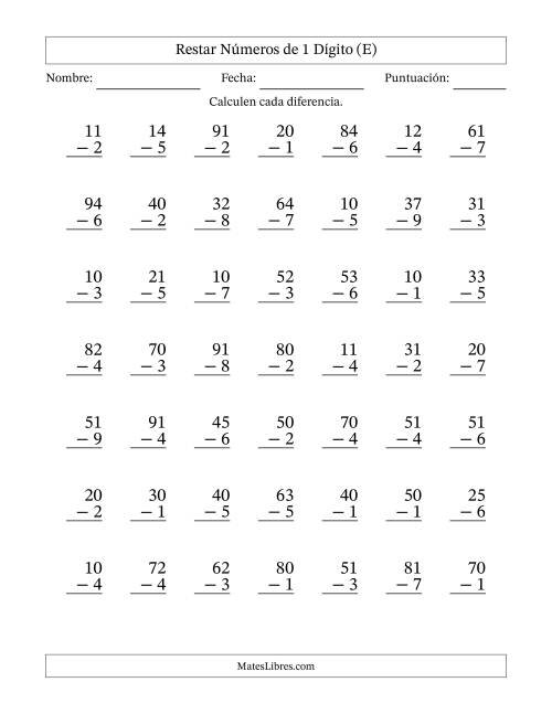 La hoja de ejercicios de Restar números de 1 dígito con acarreo en todas las preguntas (49 preguntas) (E)