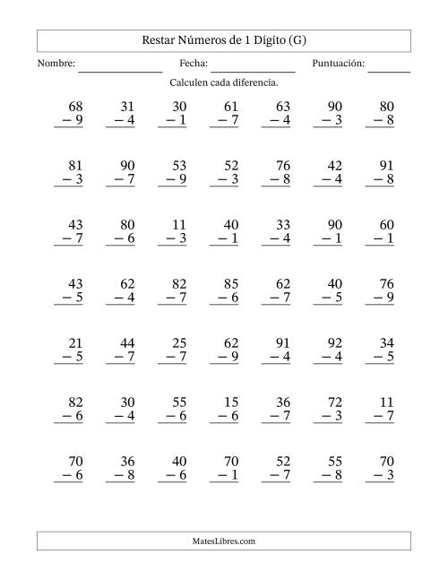 La hoja de ejercicios de Restar números de 1 dígito con acarreo en todas las preguntas (49 preguntas) (G)