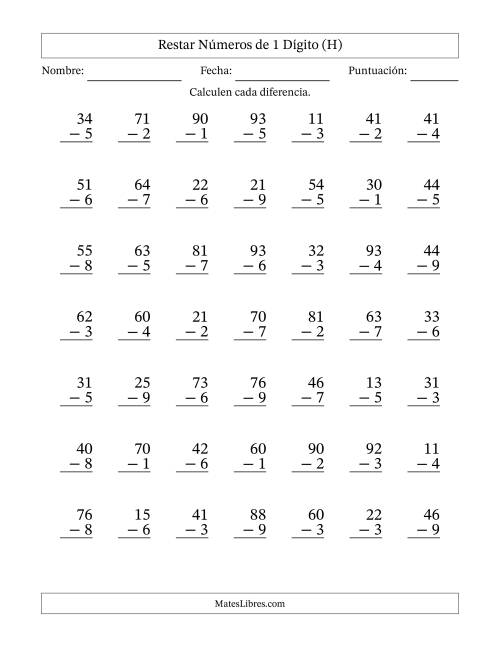 La hoja de ejercicios de Restar números de 1 dígito con acarreo en todas las preguntas (49 preguntas) (H)