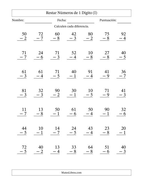 La hoja de ejercicios de Restar números de 1 dígito con acarreo en todas las preguntas (49 preguntas) (I)