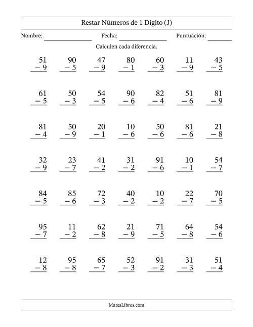 La hoja de ejercicios de Restar números de 1 dígito con acarreo en todas las preguntas (49 preguntas) (J)