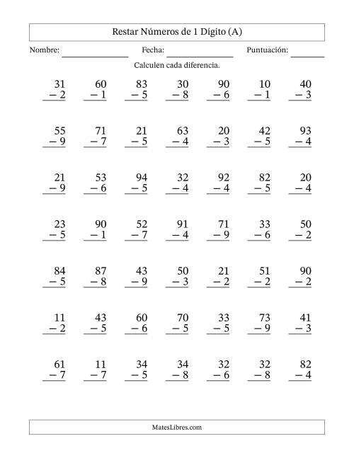 La hoja de ejercicios de Restar números de 1 dígito con acarreo en todas las preguntas (49 preguntas) (Todas)