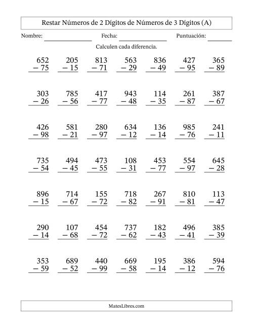 La hoja de ejercicios de Restar números de 2 dígitos de números de 3 dígitos, con acarreo en algunas preguntas (49 preguntas) (A)