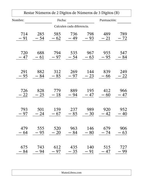 La hoja de ejercicios de Restar números de 2 dígitos de números de 3 dígitos, con acarreo en algunas preguntas (49 preguntas) (B)