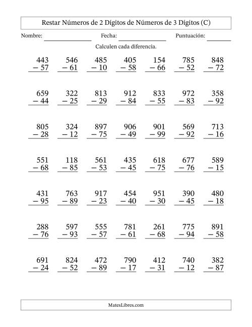 La hoja de ejercicios de Restar números de 2 dígitos de números de 3 dígitos, con acarreo en algunas preguntas (49 preguntas) (C)