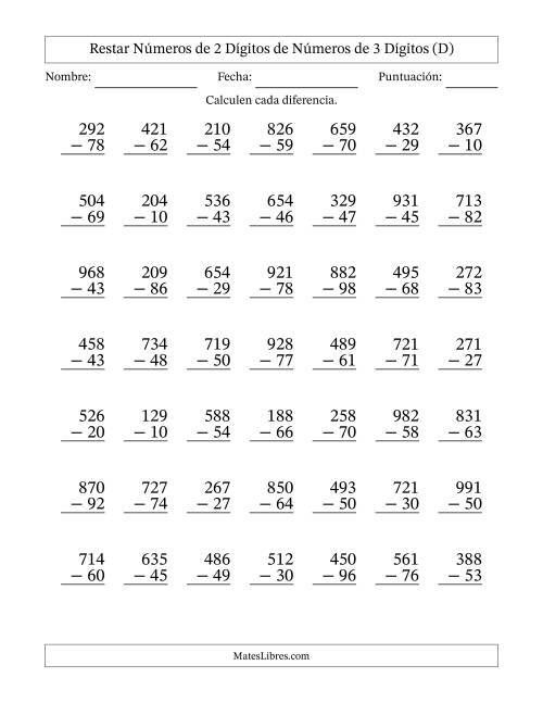 La hoja de ejercicios de Restar números de 2 dígitos de números de 3 dígitos, con acarreo en algunas preguntas (49 preguntas) (D)