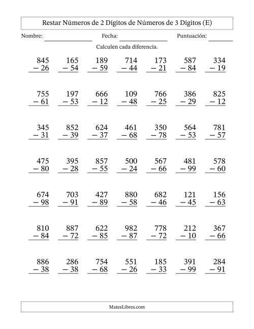 La hoja de ejercicios de Restar números de 2 dígitos de números de 3 dígitos, con acarreo en algunas preguntas (49 preguntas) (E)