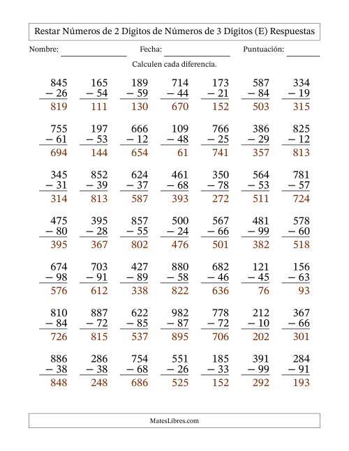 La hoja de ejercicios de Restar números de 2 dígitos de números de 3 dígitos, con acarreo en algunas preguntas (49 preguntas) (E) Página 2