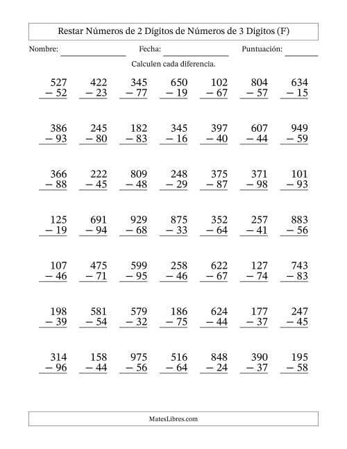 La hoja de ejercicios de Restar números de 2 dígitos de números de 3 dígitos, con acarreo en algunas preguntas (49 preguntas) (F)