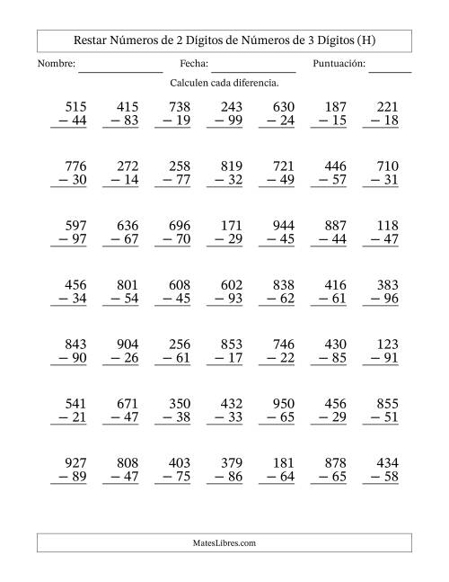 La hoja de ejercicios de Restar números de 2 dígitos de números de 3 dígitos, con acarreo en algunas preguntas (49 preguntas) (H)