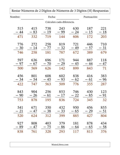 La hoja de ejercicios de Restar números de 2 dígitos de números de 3 dígitos, con acarreo en algunas preguntas (49 preguntas) (H) Página 2