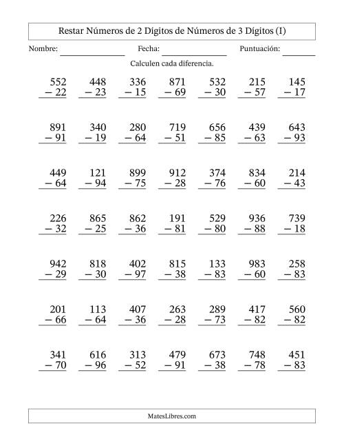La hoja de ejercicios de Restar números de 2 dígitos de números de 3 dígitos, con acarreo en algunas preguntas (49 preguntas) (I)