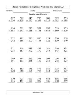 Restar números de 3 dígitos de números de 3 dígitos, con acarreo en algunas preguntas (49 preguntas)