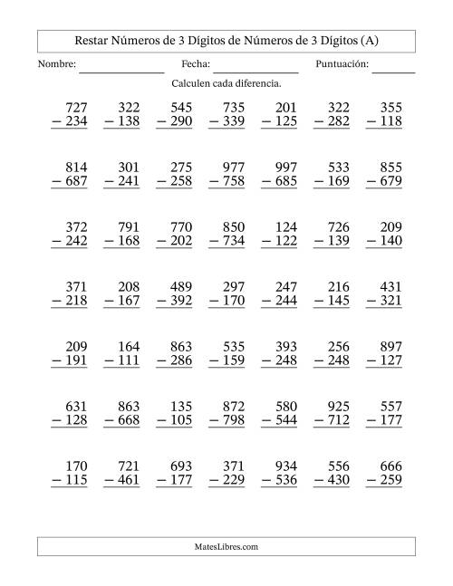 La hoja de ejercicios de Restar números de 3 dígitos de números de 3 dígitos, con acarreo en algunas preguntas (49 preguntas) (A)