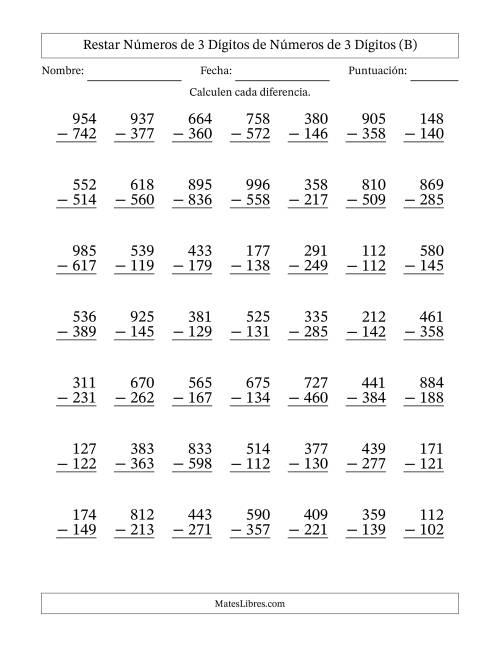 La hoja de ejercicios de Restar números de 3 dígitos de números de 3 dígitos, con acarreo en algunas preguntas (49 preguntas) (B)