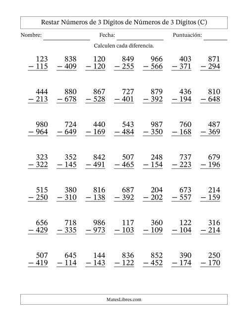 La hoja de ejercicios de Restar números de 3 dígitos de números de 3 dígitos, con acarreo en algunas preguntas (49 preguntas) (C)