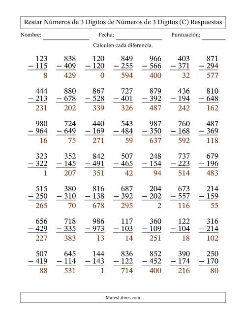 La hoja de ejercicios de Restar números de 3 dígitos de números de 3 dígitos, con acarreo en algunas preguntas (49 preguntas) (C) Página 2